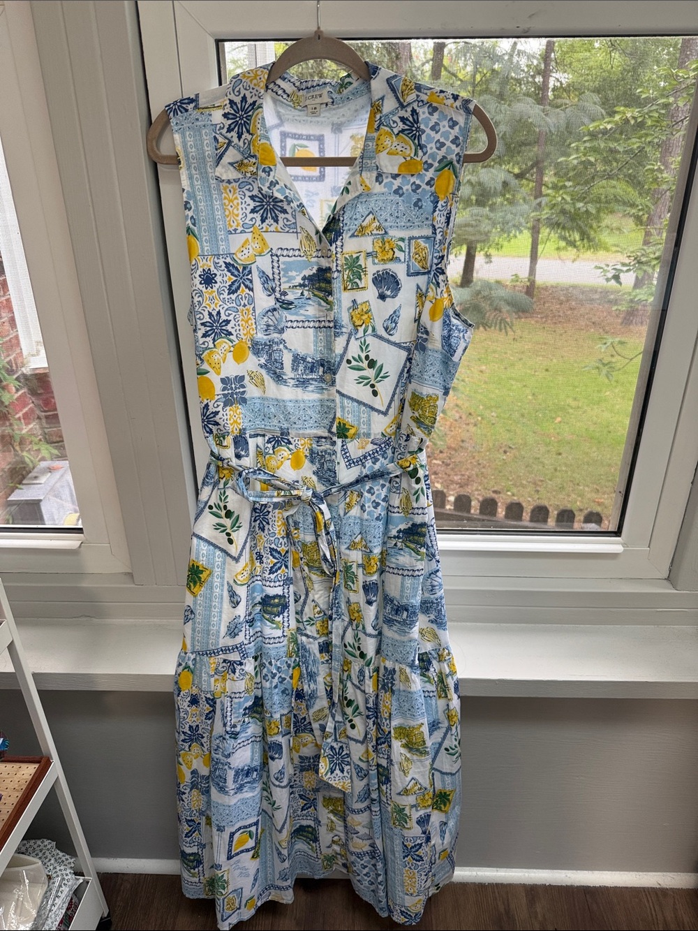 J. Crew Sleeveless Blue & Yellow Italian Maxi Shirt Dress with Tie Waist Sz 18